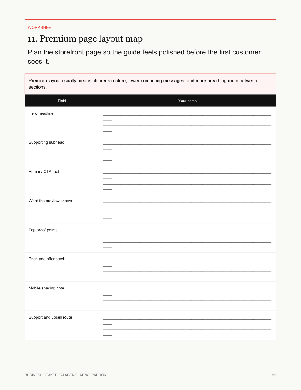 AI Agent Lab workbook layout page